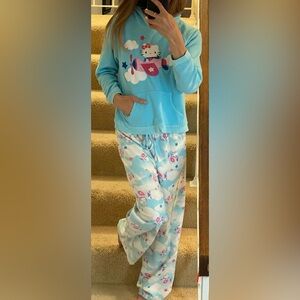 Vintage Hello Kitty Blue Fleece Pajama Set with Cloud & Plane Print- Size Kids L